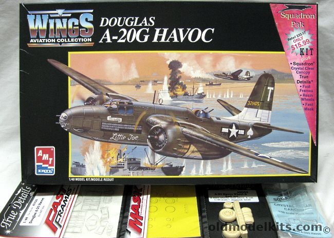 AMT 1/48 Douglas A-20G Havoc + Squadron Canopy / 2x True Details Mask  Mask Sets / True Details Wheels - 389th BS/312 BG 'Little Joe' or 89th BS/3 BG 'Little Isadore', SQP 8894 plastic model kit